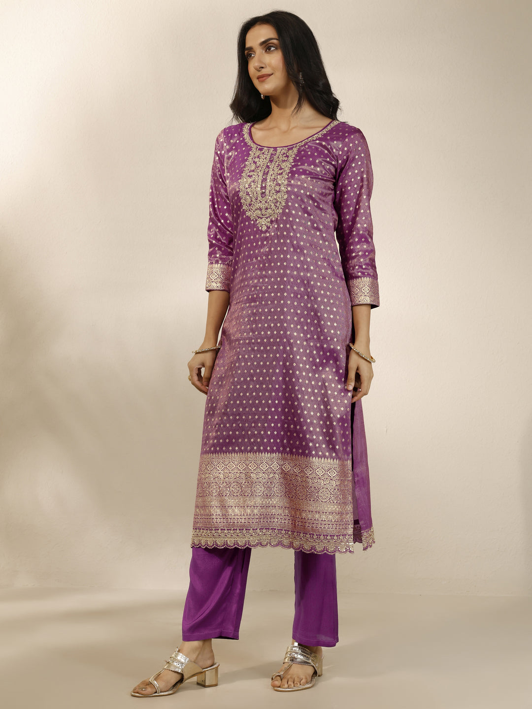  Purple Embroidered Silk Blend Straight Suit Set With Dupatta 