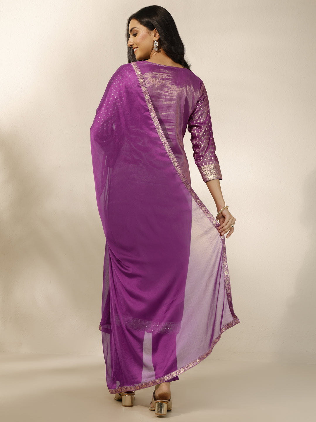  Purple Embroidered Silk Blend Straight Suit Set With Dupatta 