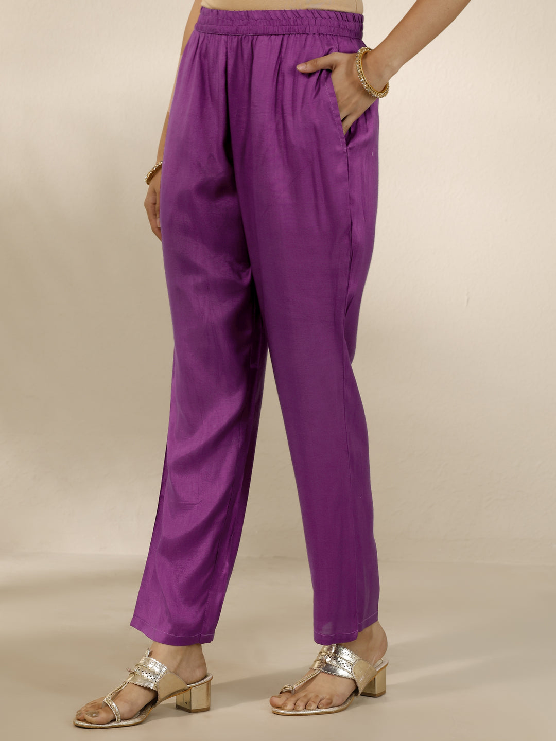  Purple Embroidered Silk Blend Straight Suit Set With Dupatta 