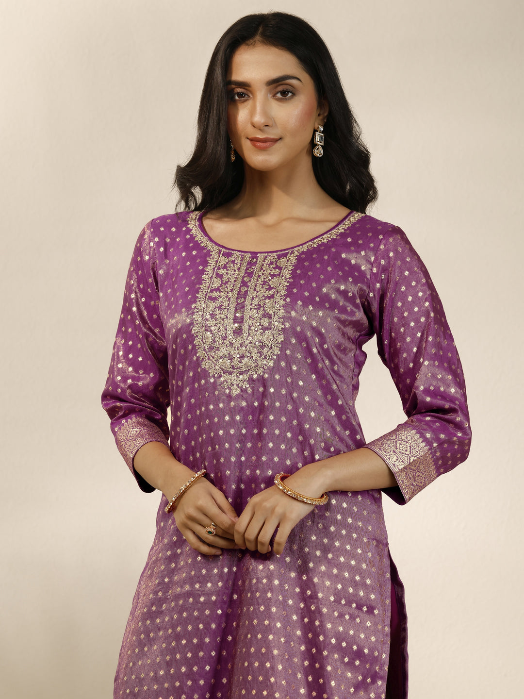  Purple Embroidered Silk Blend Straight Suit Set With Dupatta 
