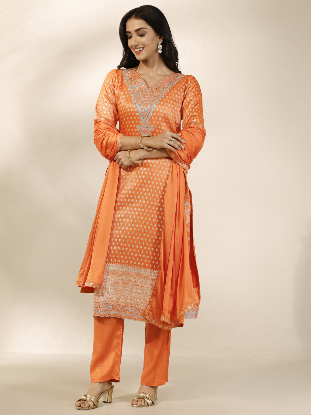  Orange Woven Design Silk Blend Straight Suit Set With Dupatta 