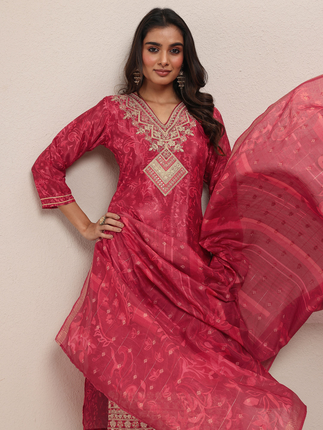  Red Embroidered Chinon Straight Suit Set With Dupatta 