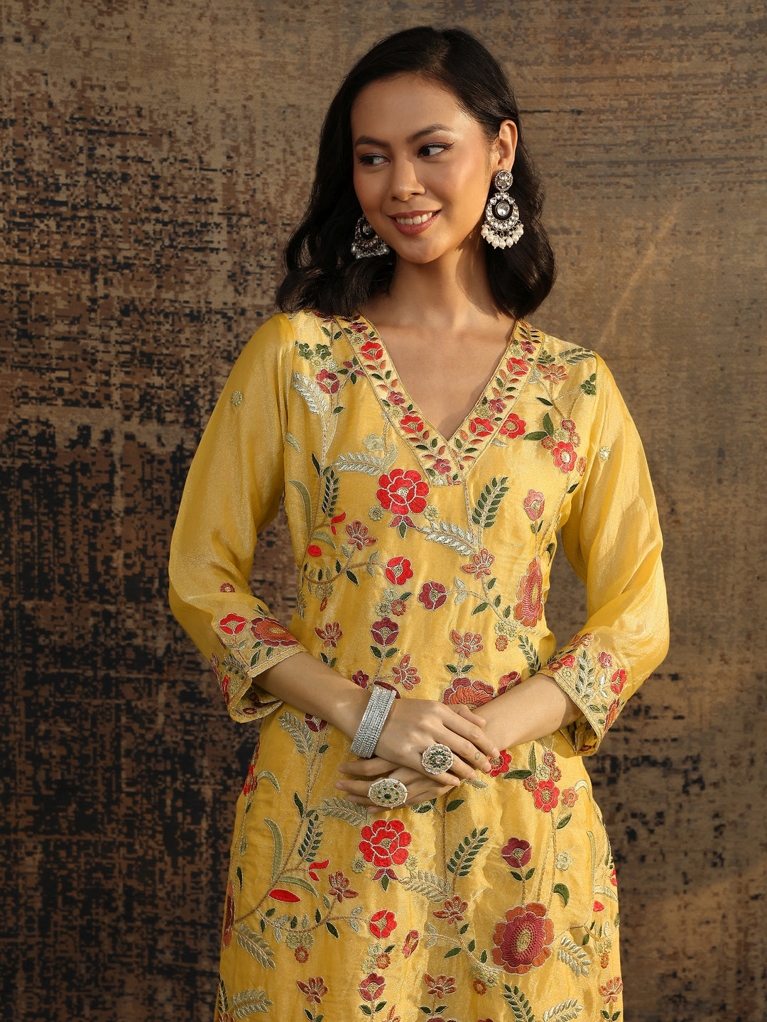  Yellow Embroidered Organza Straight Suit Set With Dupatta 