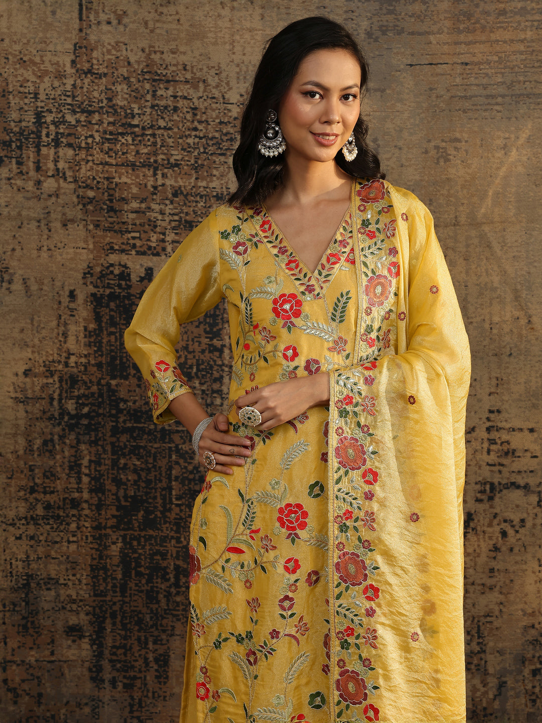  Yellow Embroidered Organza Straight Suit Set With Dupatta 