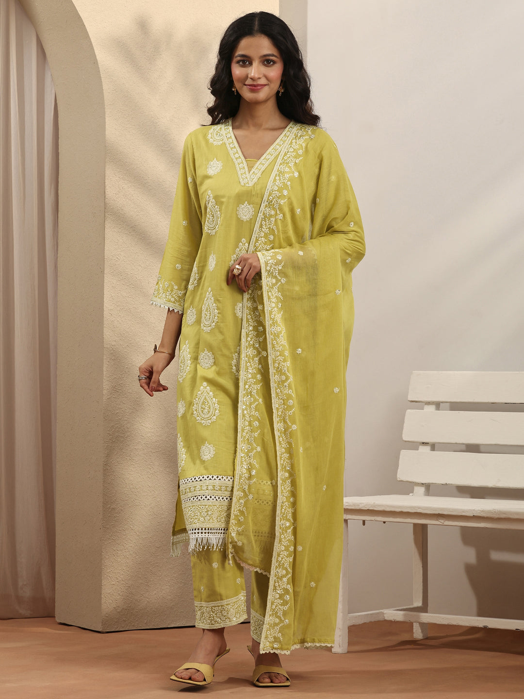  Yellow Embroidered Cotton Straight Suit Set With Dupatta 