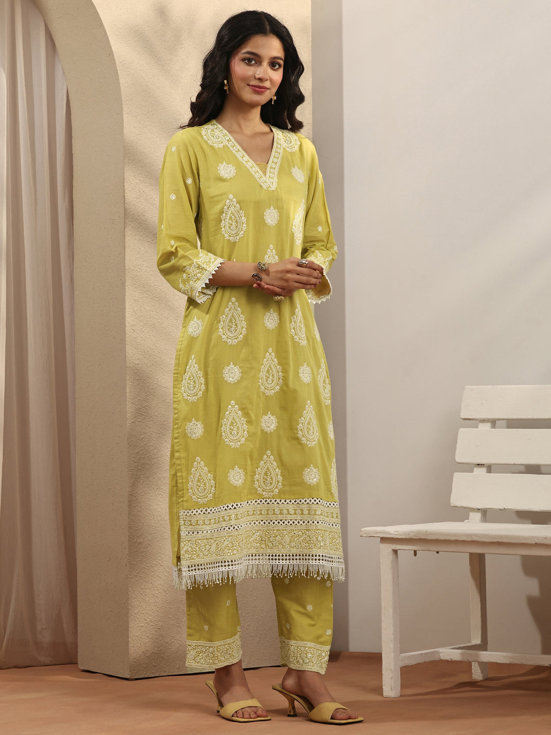  Yellow Embroidered Cotton Straight Suit Set With Dupatta 