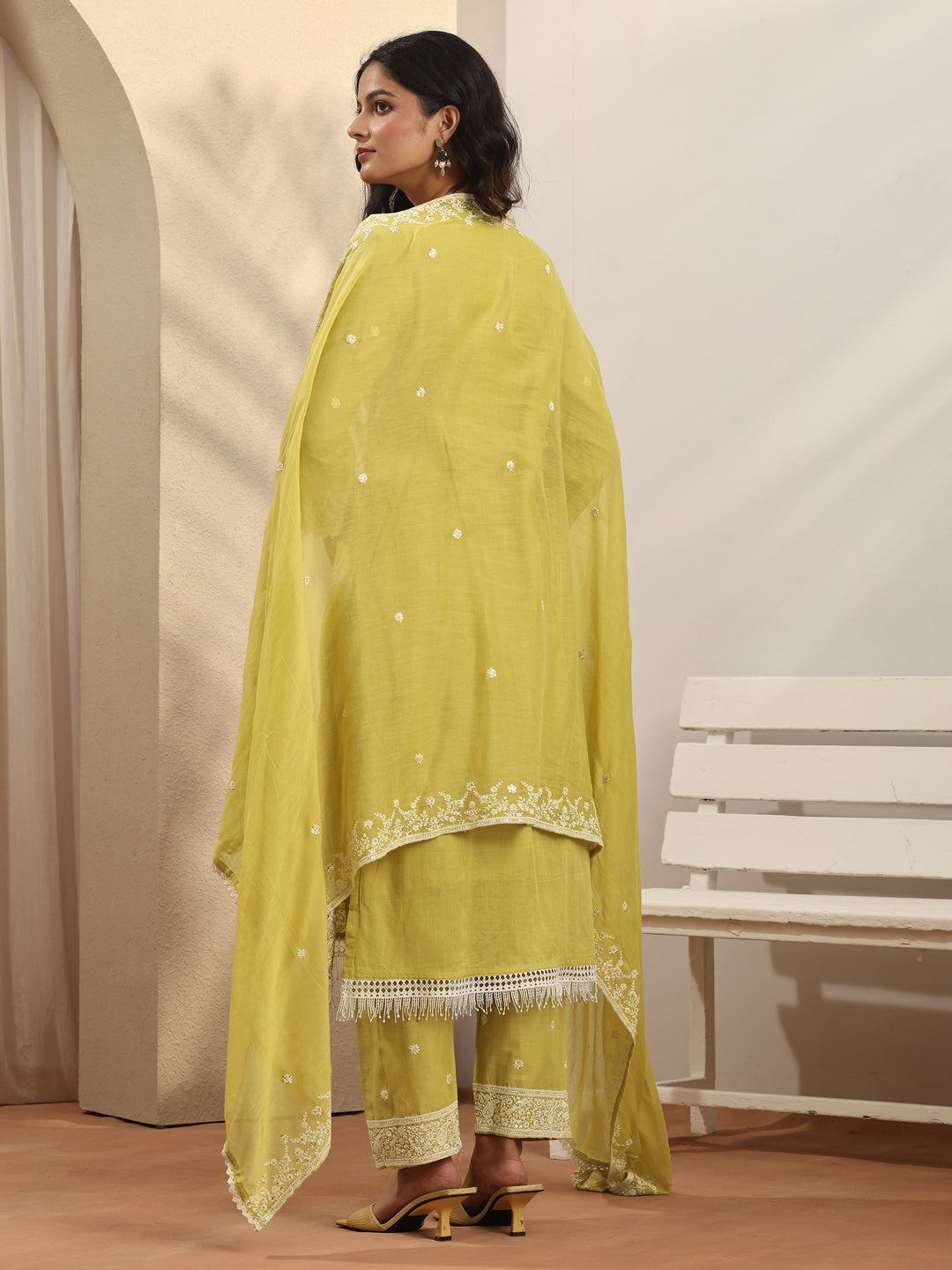  Yellow Embroidered Cotton Straight Suit Set With Dupatta 