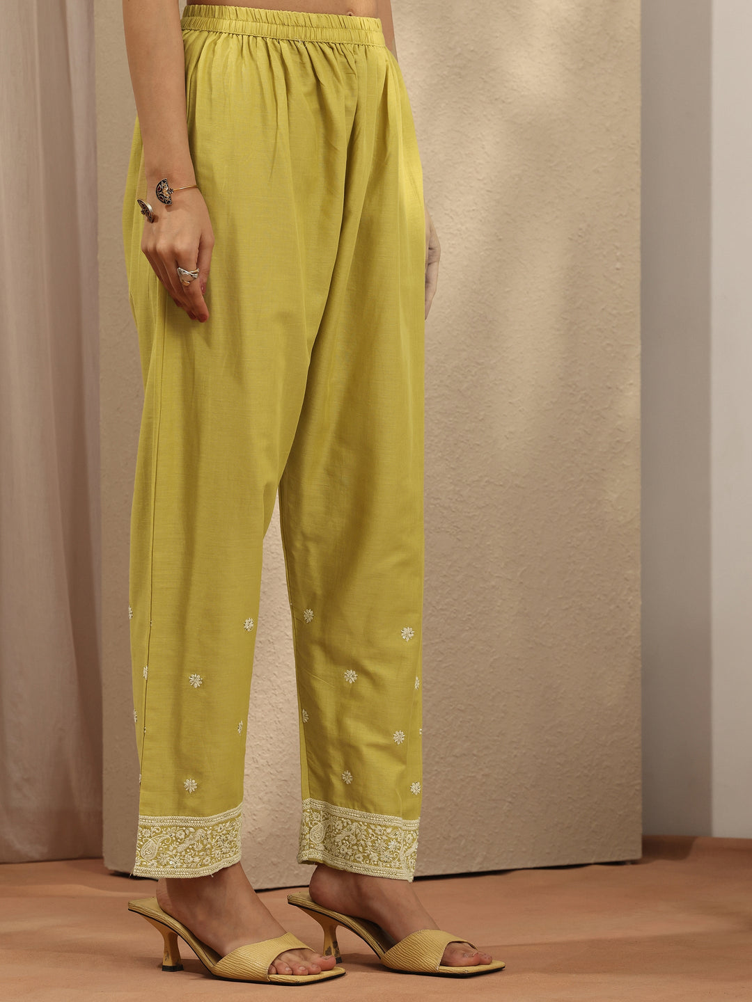  Yellow Embroidered Cotton Straight Suit Set With Dupatta 