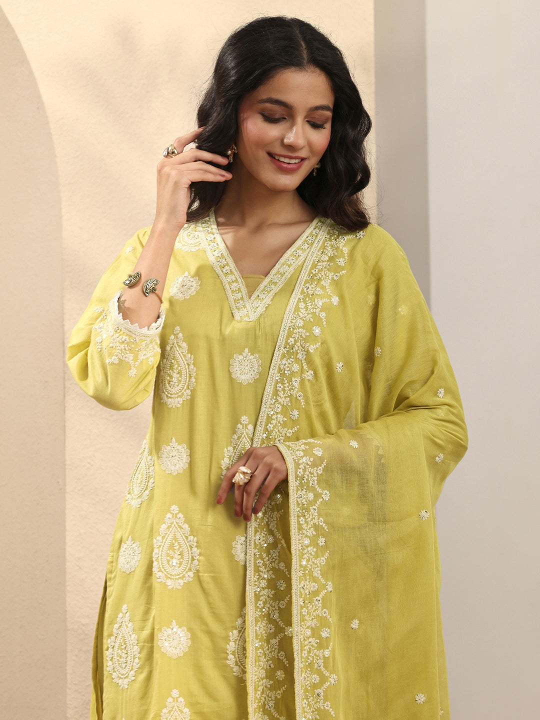  Yellow Embroidered Cotton Straight Suit Set With Dupatta 