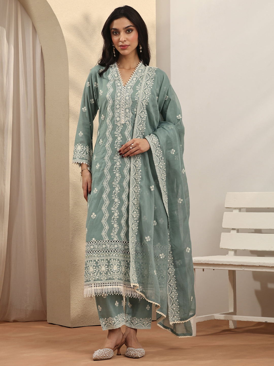  Blue Embroidered Cotton Straight Suit Set With Dupatta 