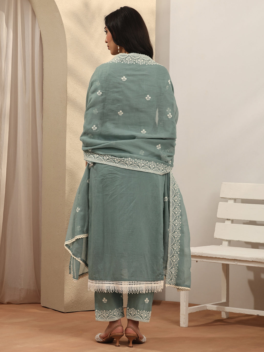  Blue Embroidered Cotton Straight Suit Set With Dupatta 
