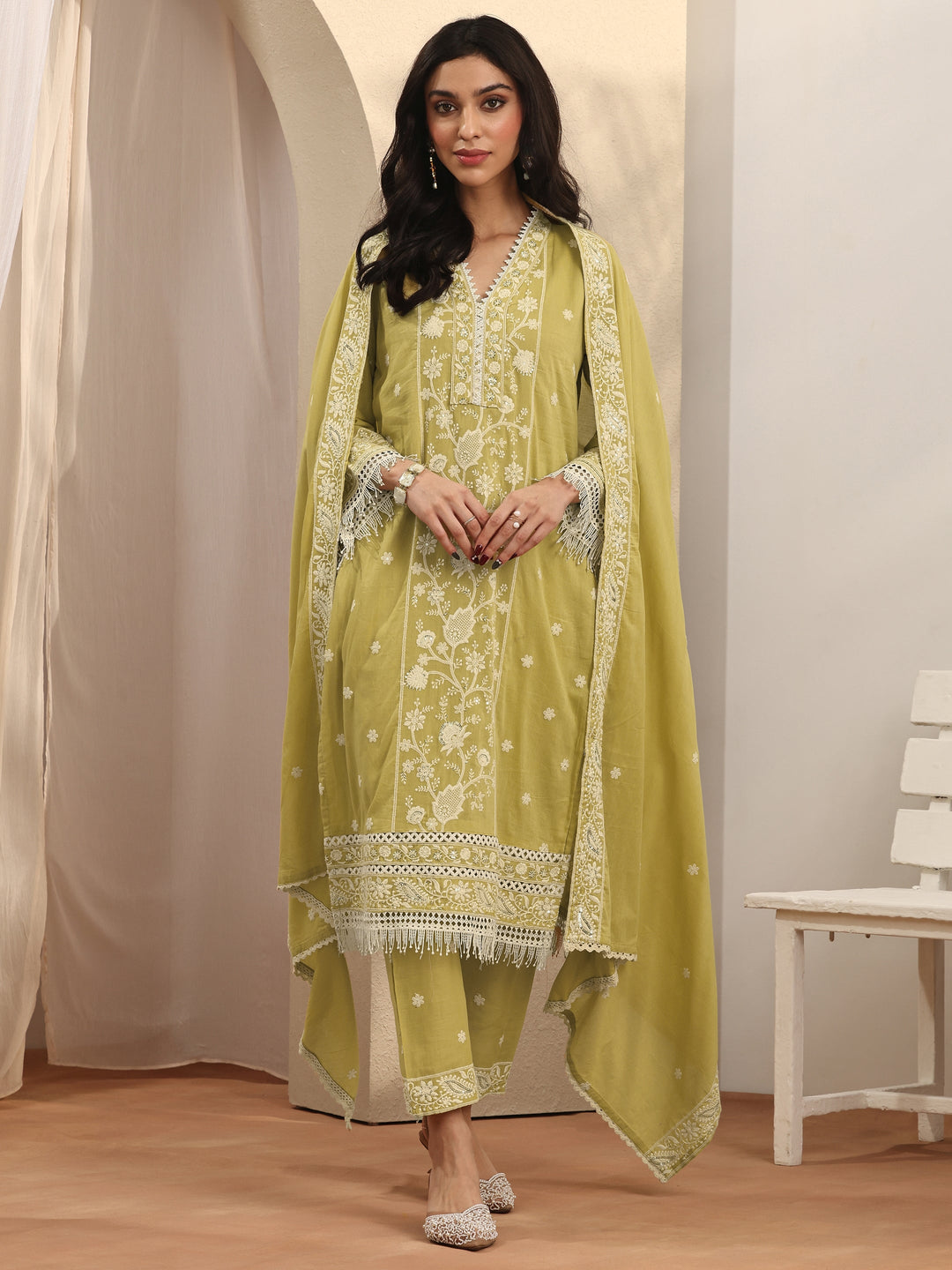 Yellow Embroidered Cotton Straight Suit Set With Dupatta 