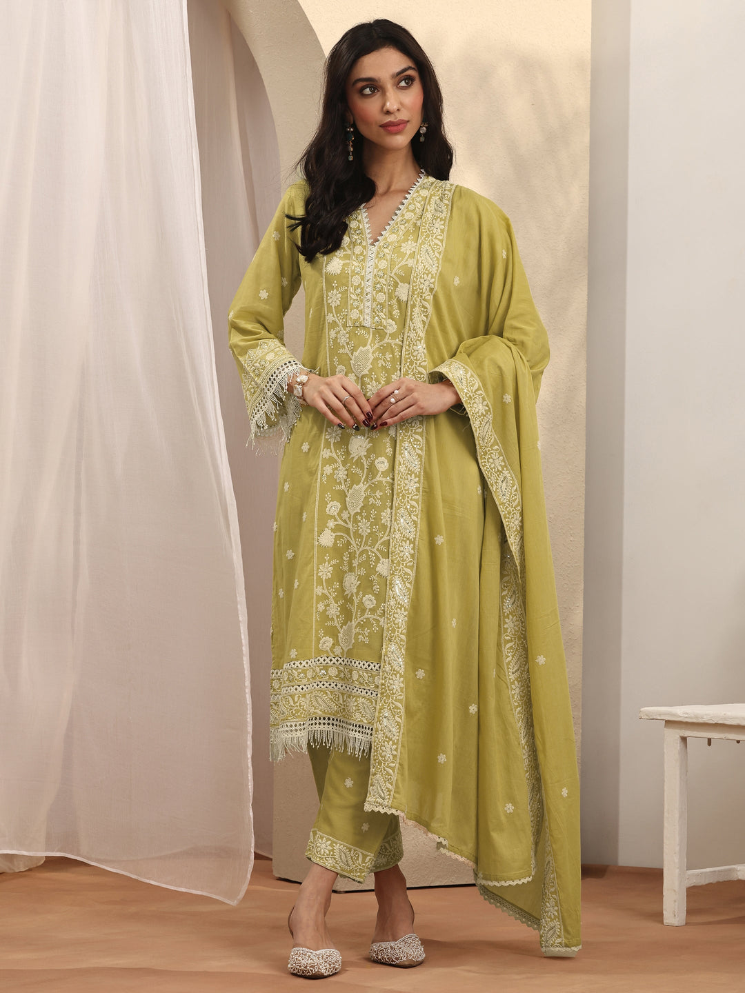  Yellow Embroidered Cotton Straight Suit Set With Dupatta 