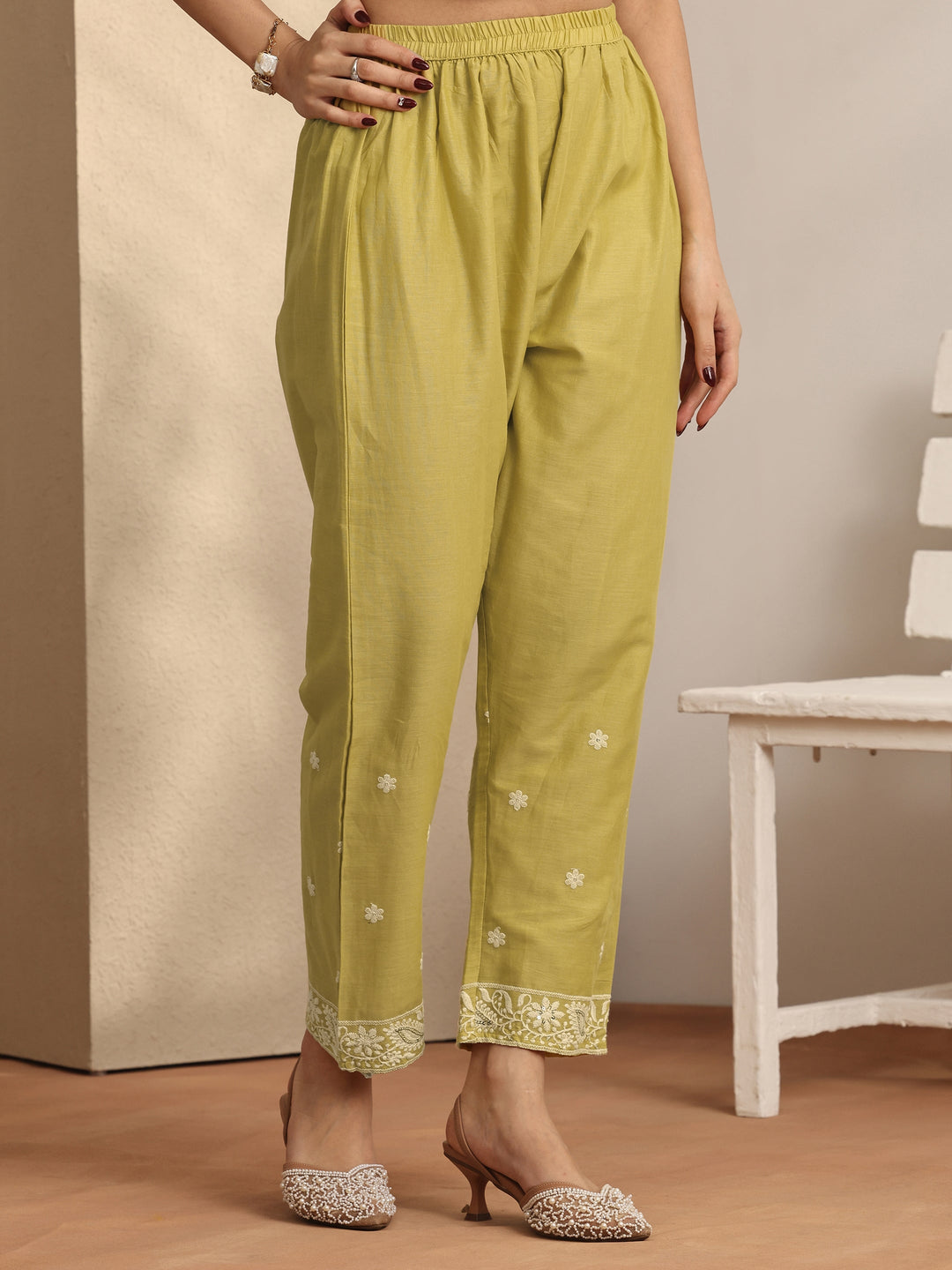  Yellow Embroidered Cotton Straight Suit Set With Dupatta 