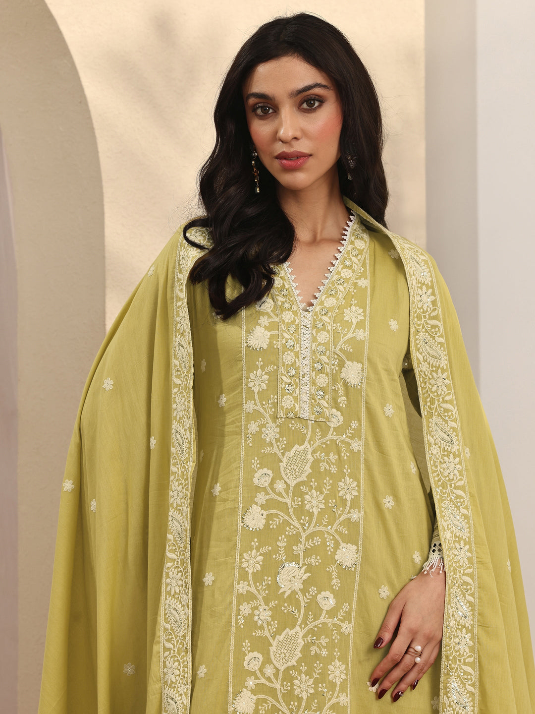  Yellow Embroidered Cotton Straight Suit Set With Dupatta 