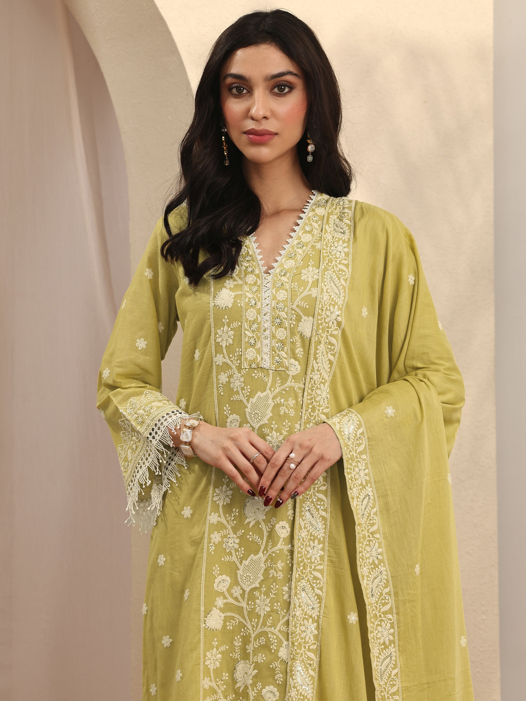  Yellow Embroidered Cotton Straight Suit Set With Dupatta 