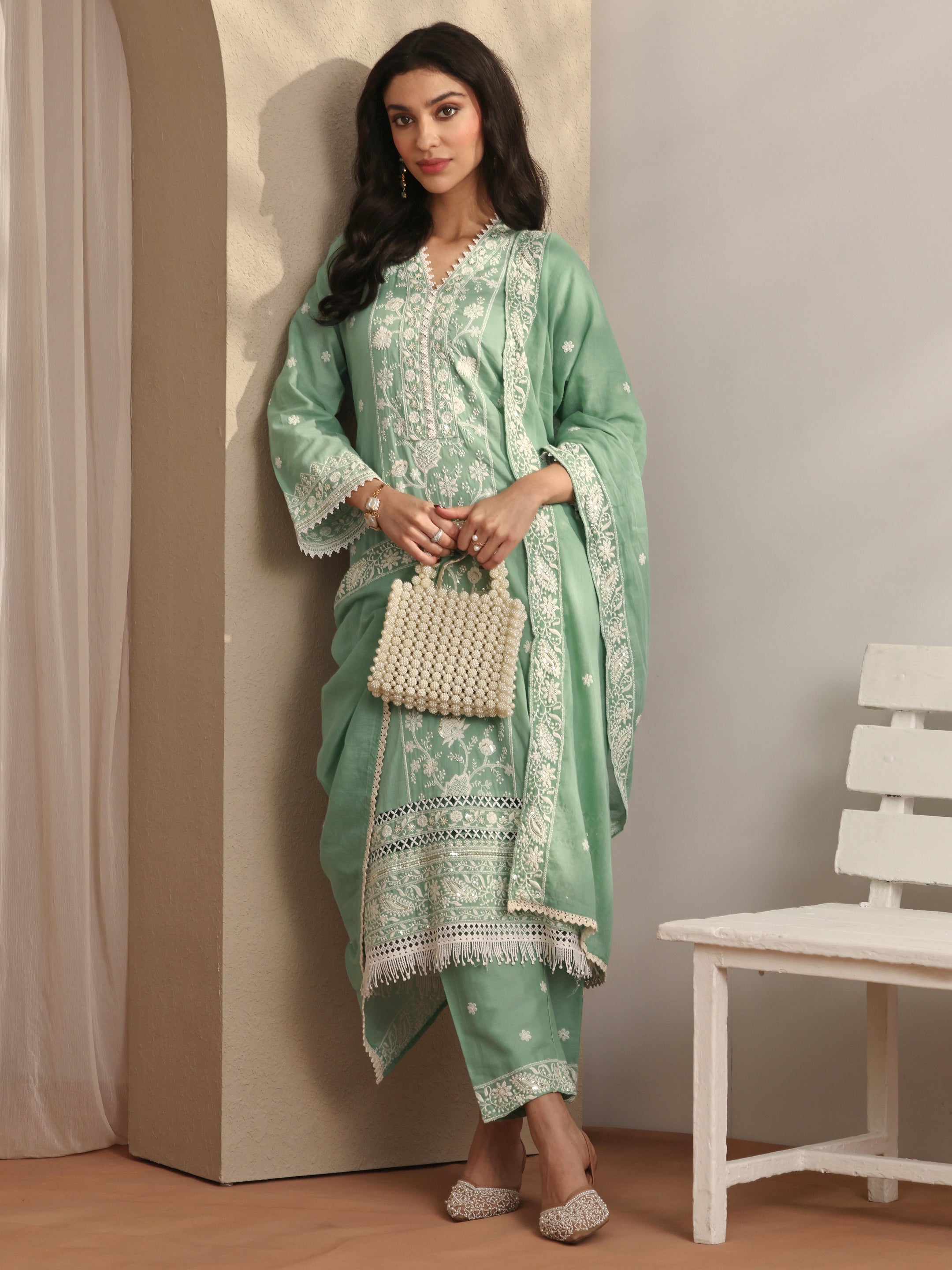 libas Green Embroidered Cotton Straight Suit Set With Dupatta-picture-51