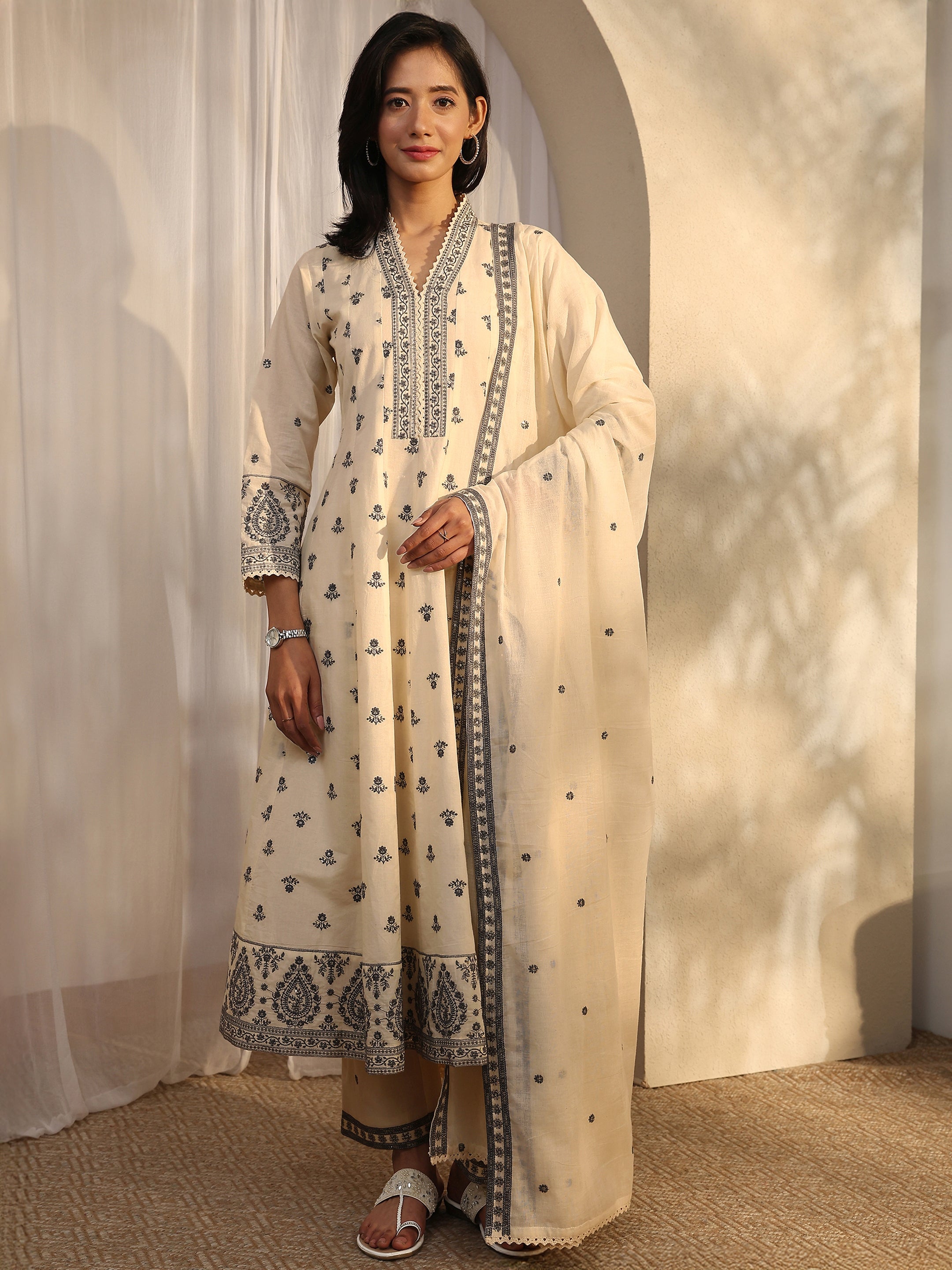 libas Off White Embroidered Cotton Anarkali Suit Set With Dupatta-picture-26