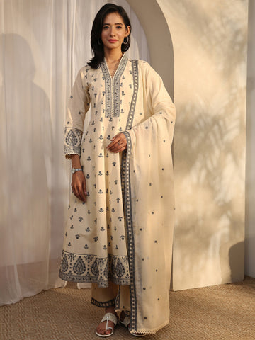 Off White Embroidered Cotton Anarkali Suit Set With Dupatta