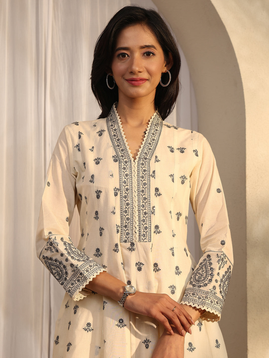  Off White Embroidered Cotton Anarkali Suit Set With Dupatta 