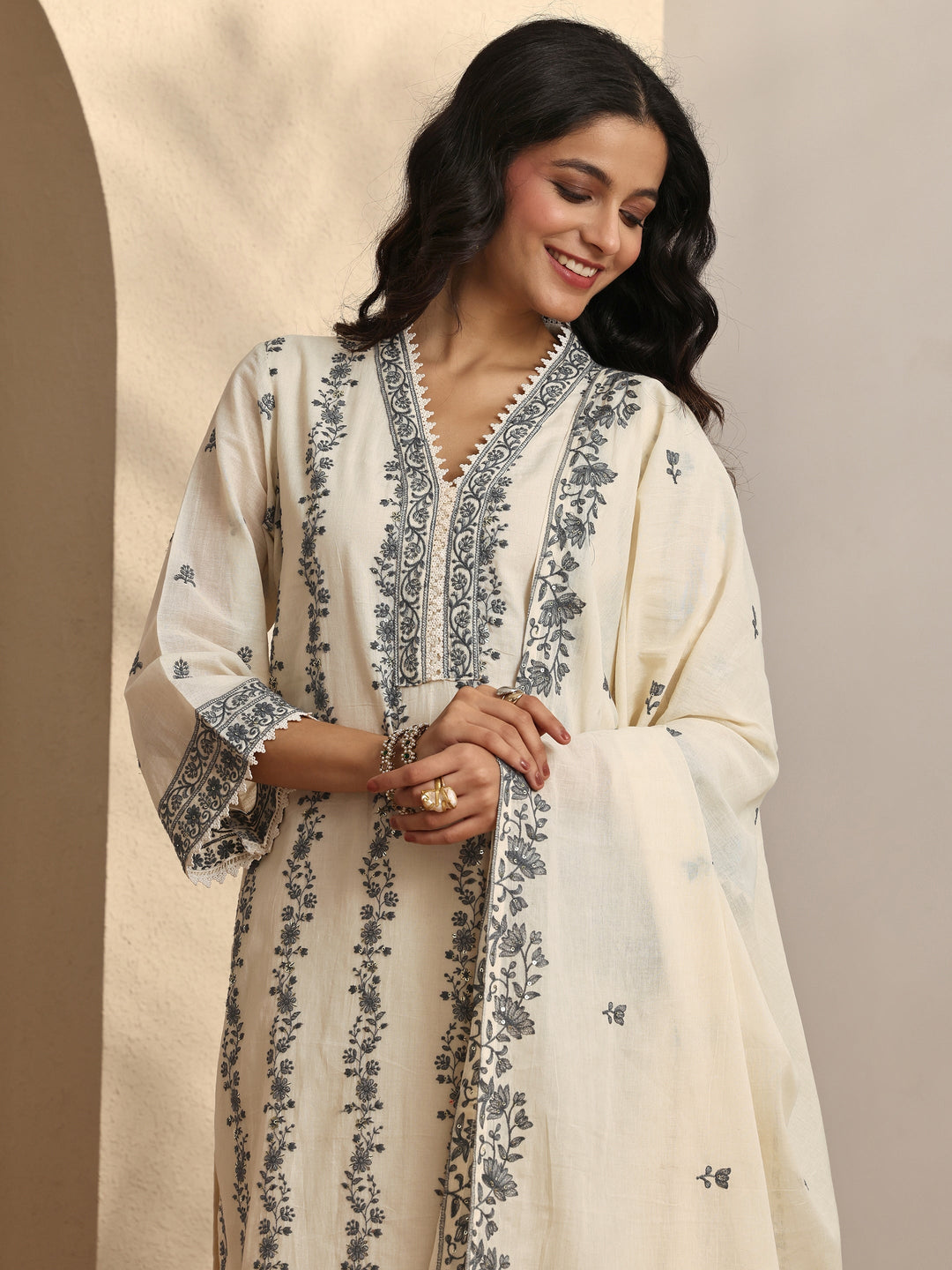  Off white Embroidered Cotton Straight Suit Set With Dupatta 