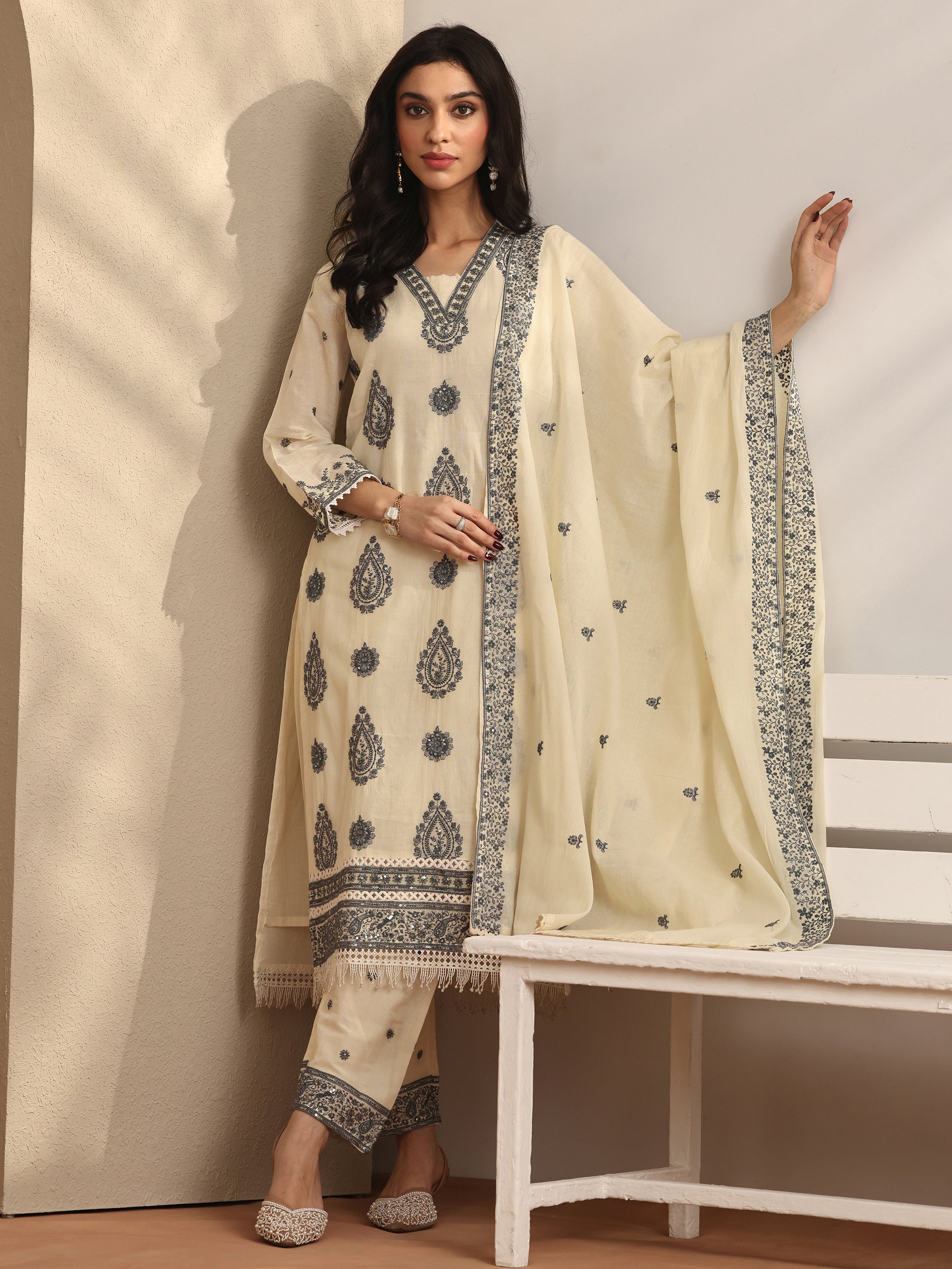 libas Off white Embroidered Cotton Straight Suit Set With Dupatta-picture-61