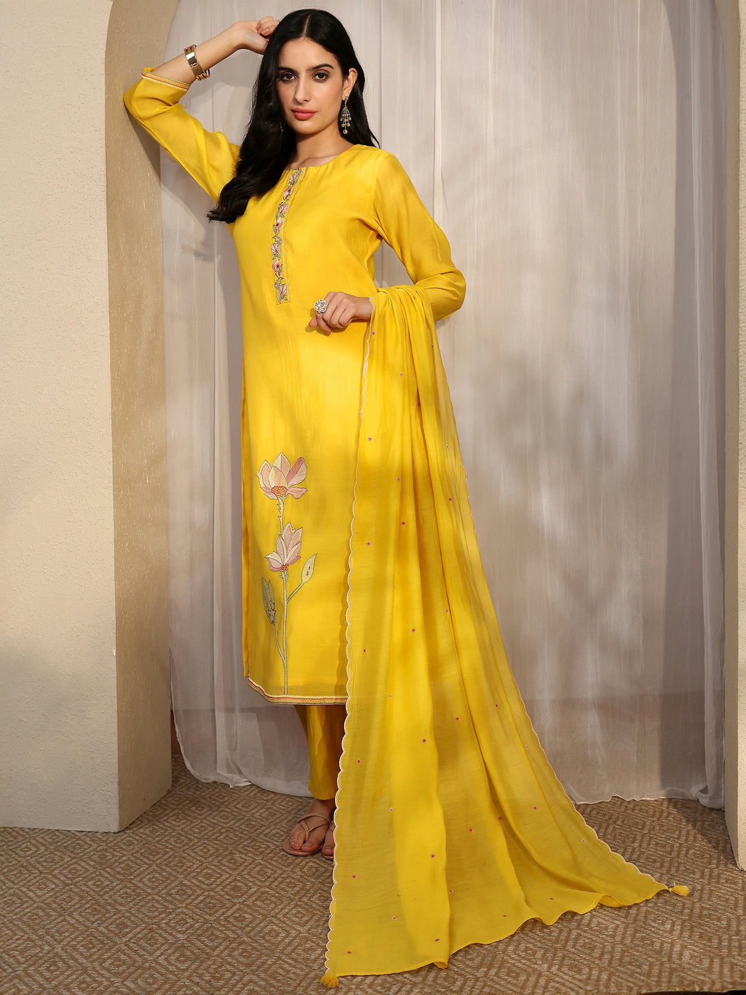  Yellow Embroidered Silk Blend Straight Suit Set With Dupatta 