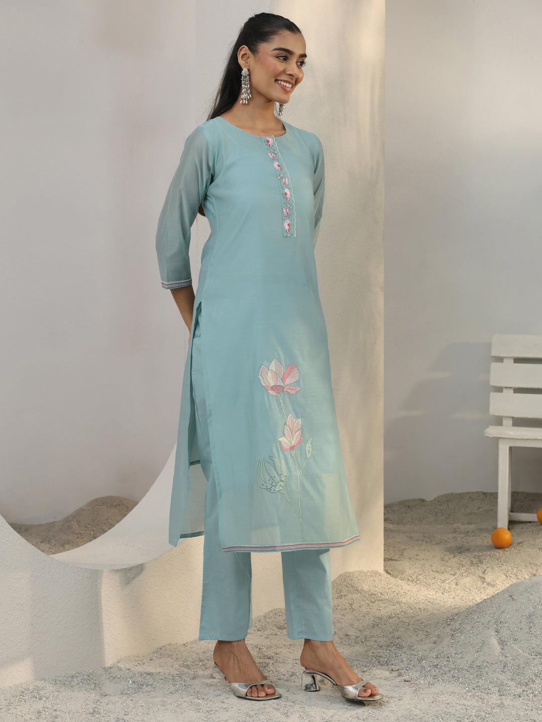  Blue Floral Embroidered Silk Blend Straight Suit Set With Dupatta 