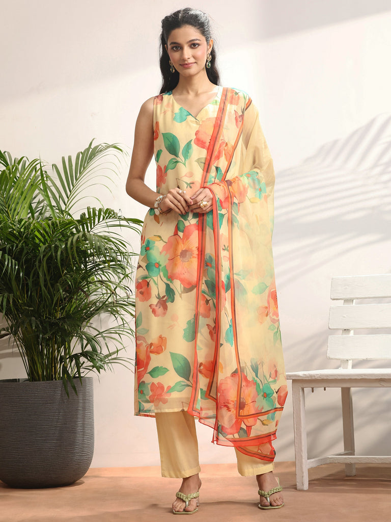 Libas Yellow Printed Chiffon Straight Suit Set With Dupatta