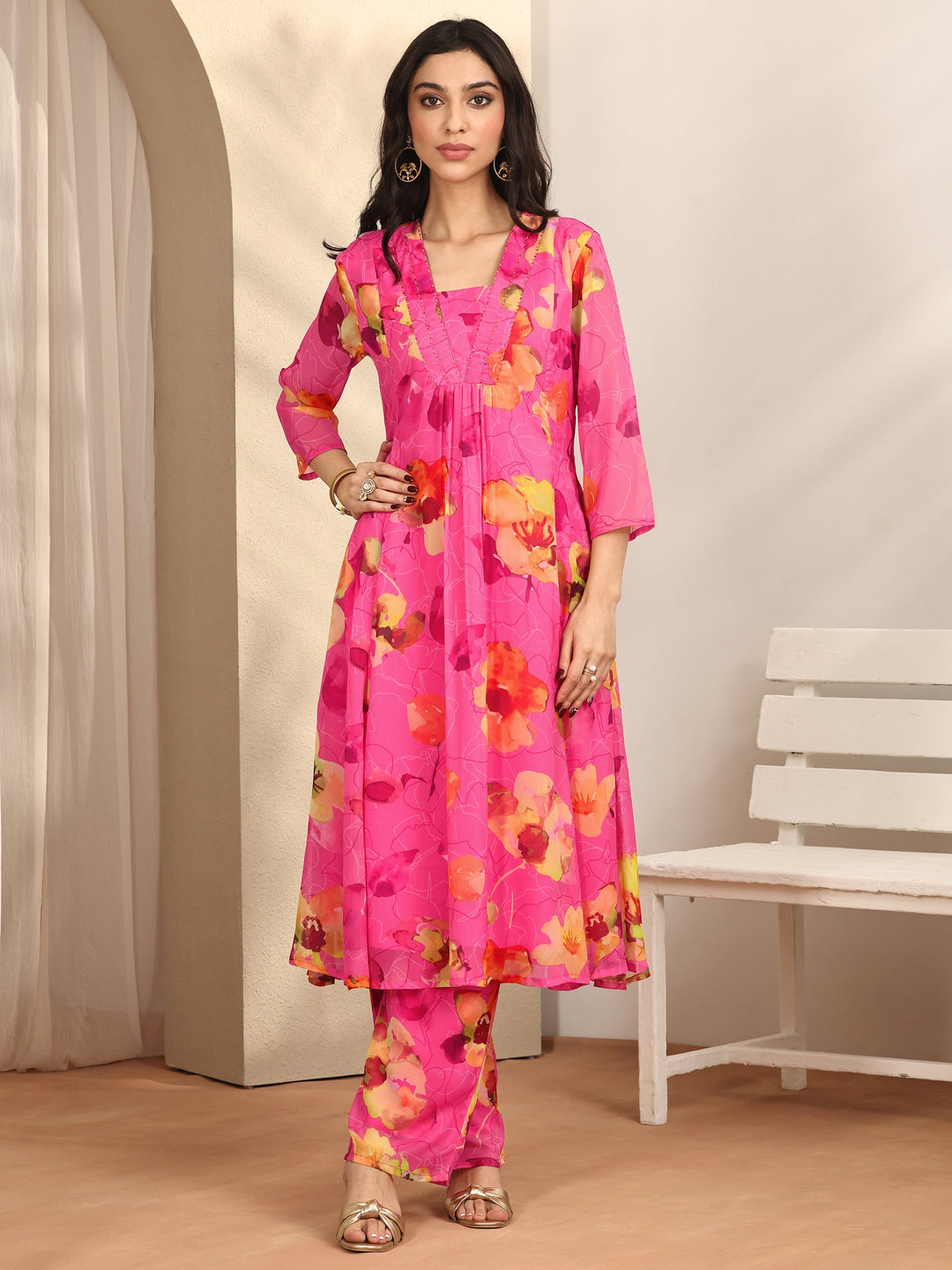  Pink Printed Chiffon A-line Kurta Set 