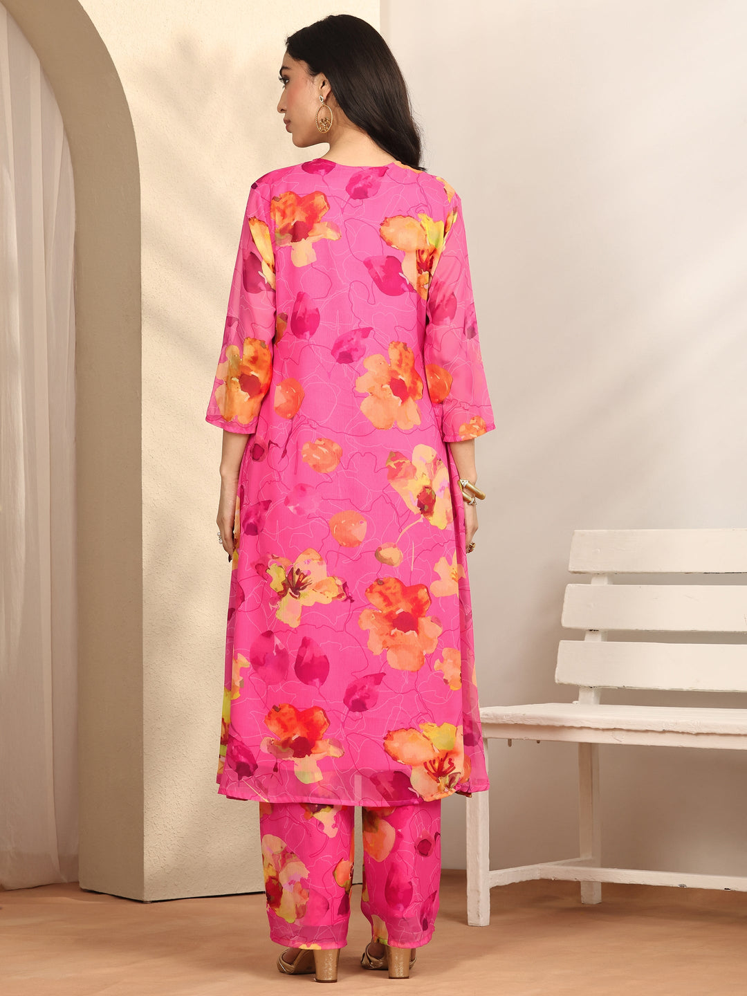  Pink Printed Chiffon A-line Kurta Set 