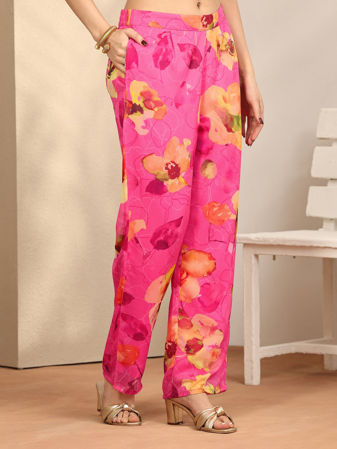  Pink Printed Chiffon A-line Kurta Set 