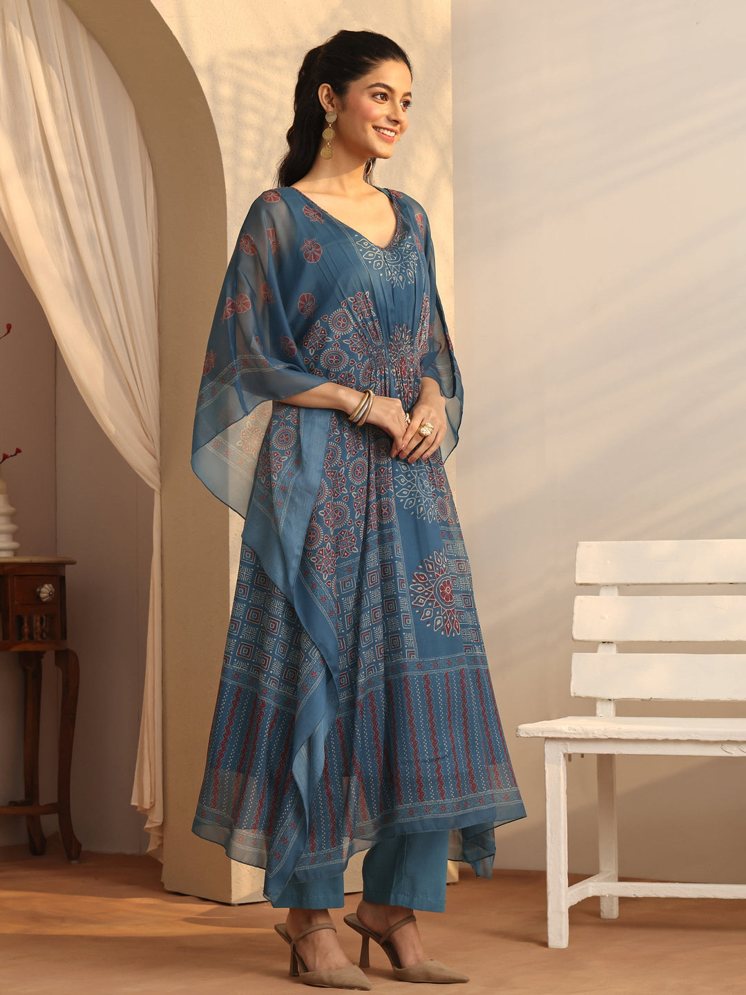  Teal  Printed Chiffon Kaftan Kurta Set 