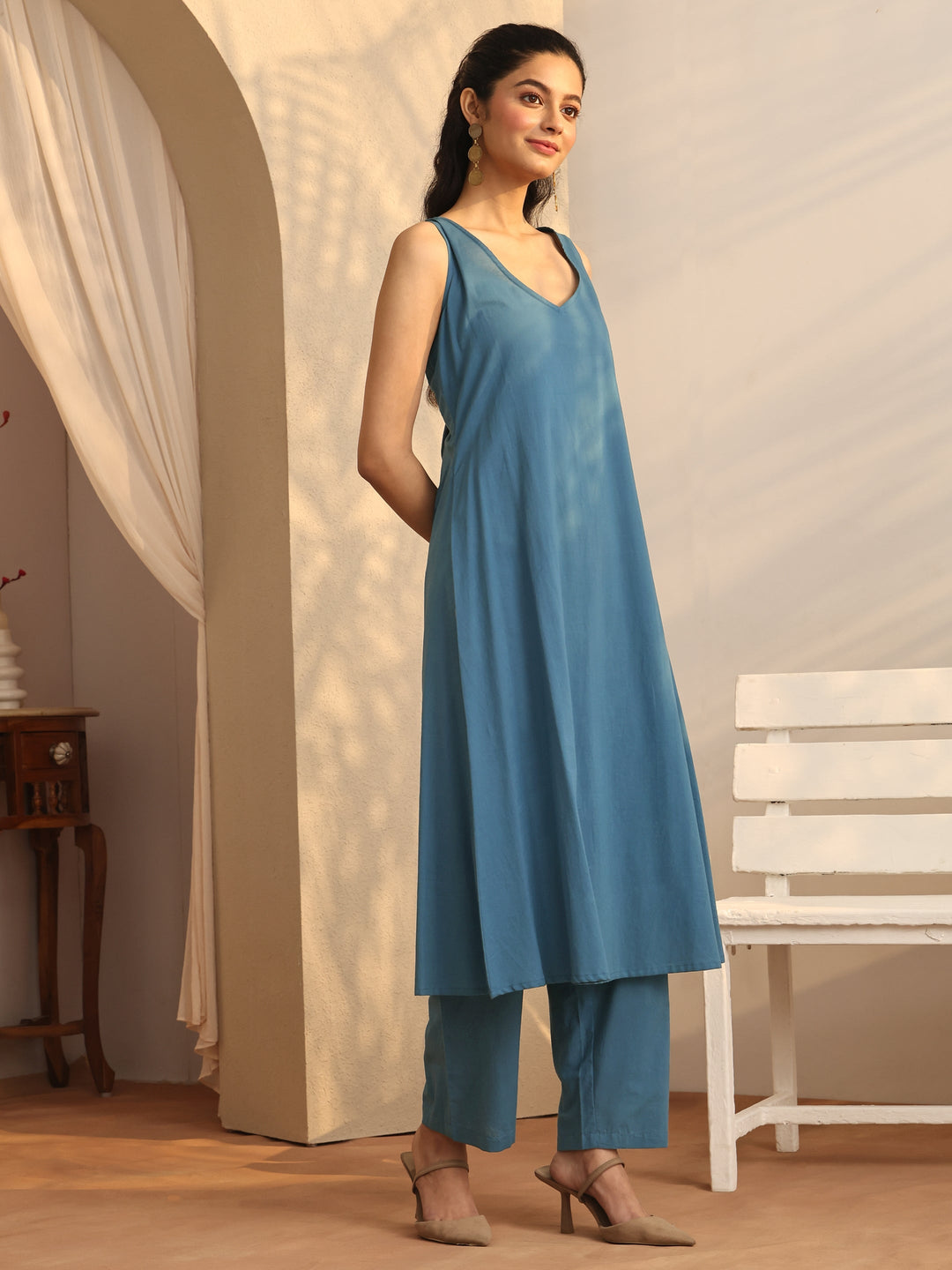  Teal  Printed Chiffon Kaftan Kurta Set 