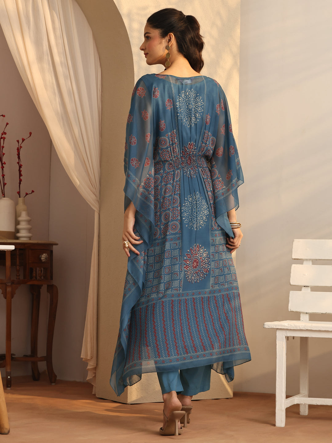  Teal  Printed Chiffon Kaftan Kurta Set 
