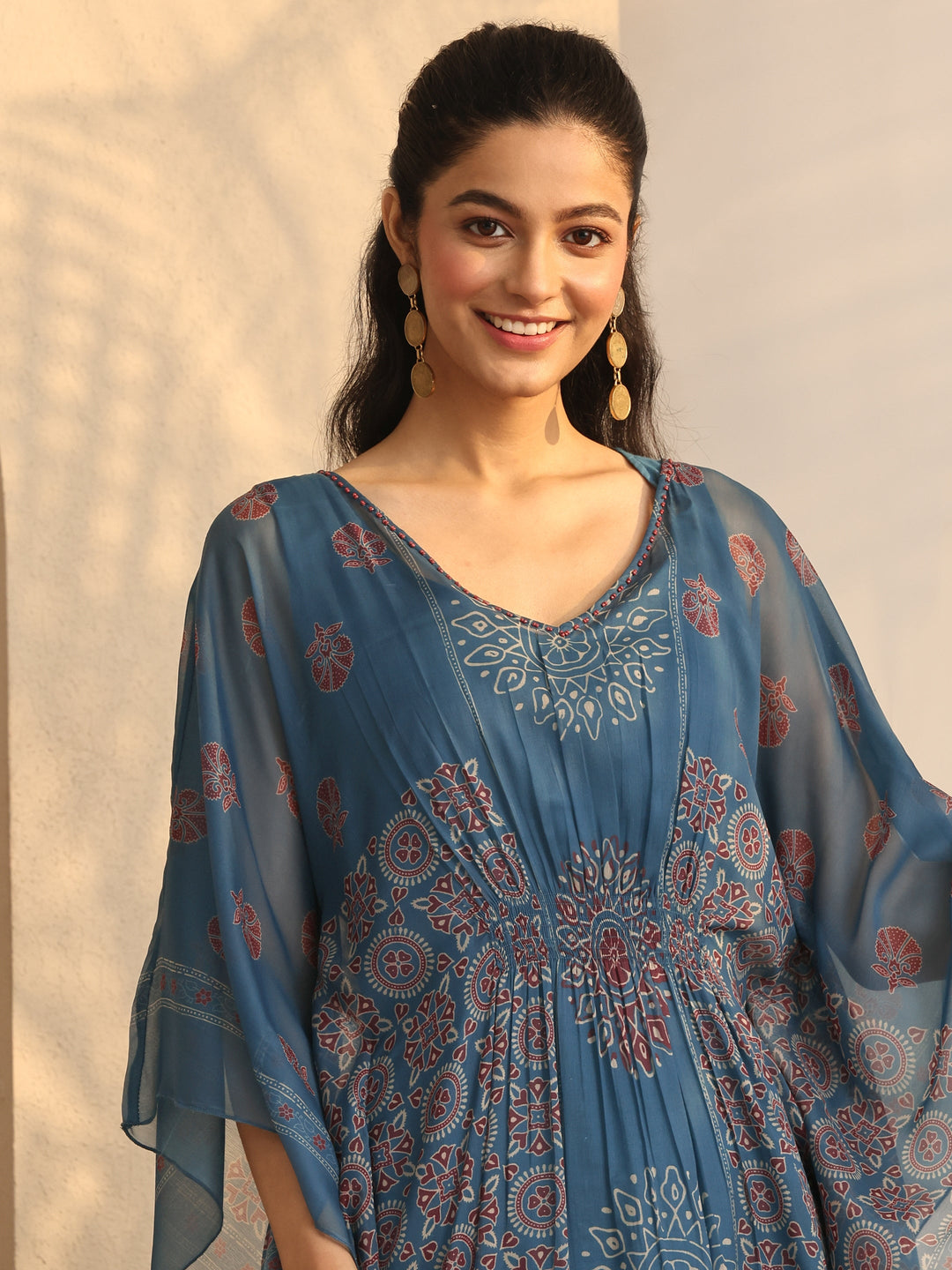  Teal  Printed Chiffon Kaftan Kurta Set 