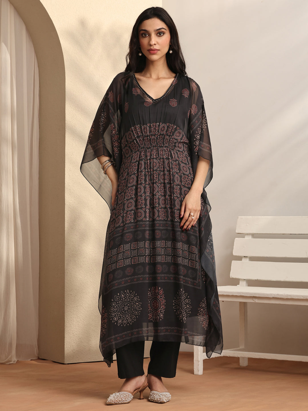  Black Ethnic Printed Chiffon Kaftan Kurta Set 