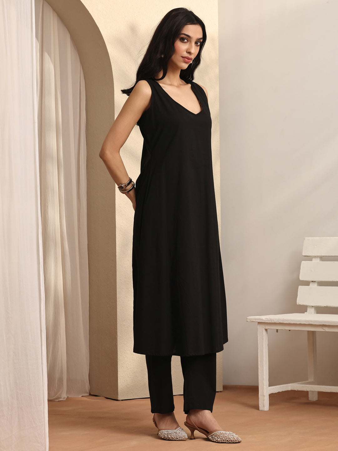  Black Ethnic Printed Chiffon Kaftan Kurta Set 