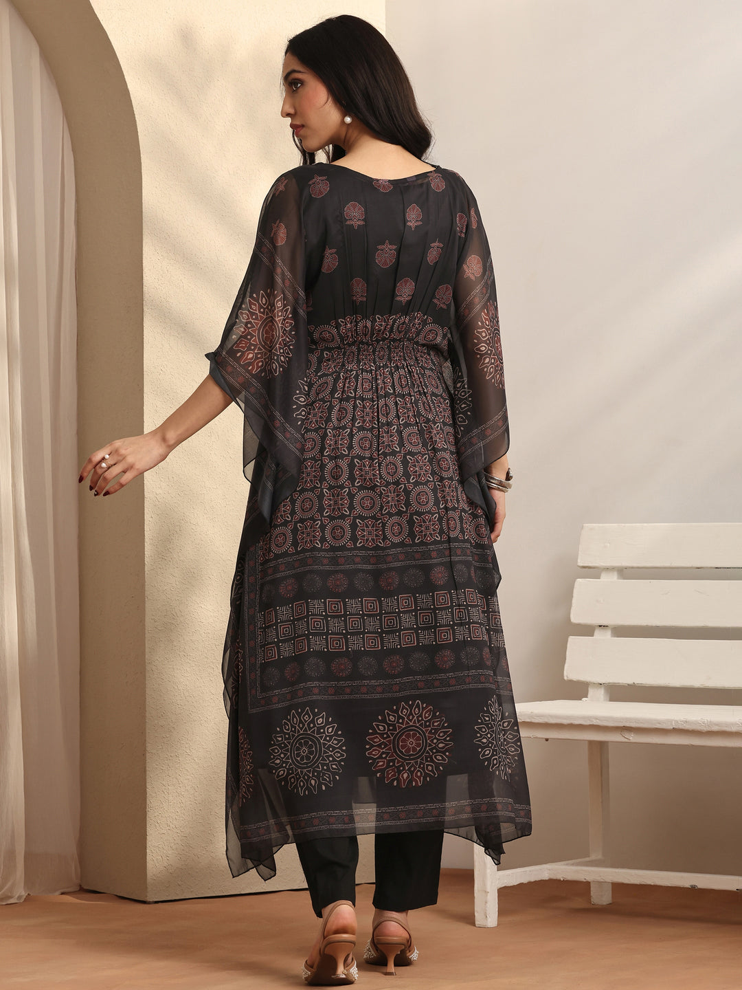 Black Ethnic Printed Chiffon Kaftan Kurta Set 