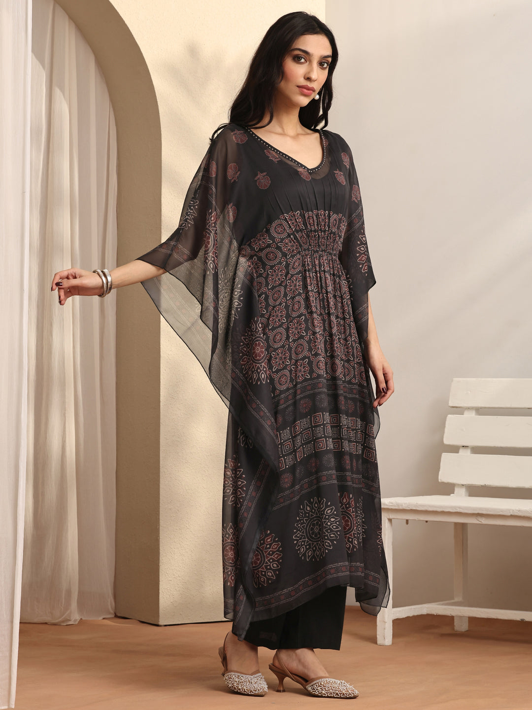  Black Ethnic Printed Chiffon Kaftan Kurta Set 