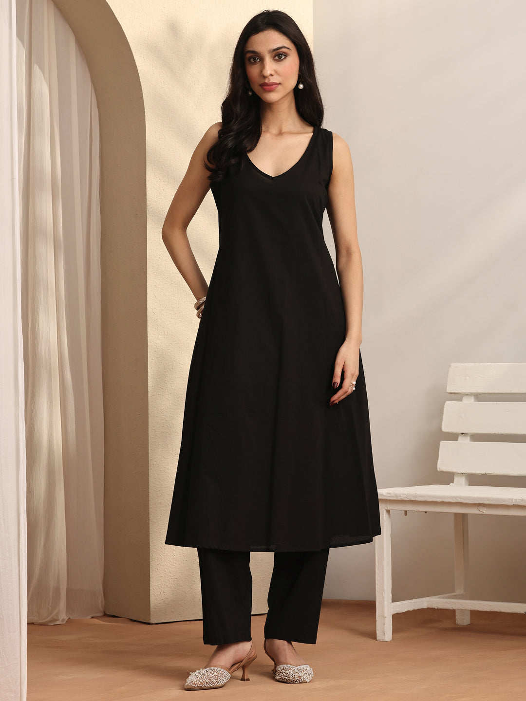  Black Ethnic Printed Chiffon Kaftan Kurta Set 