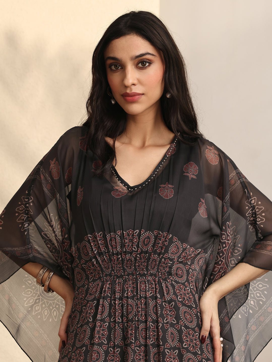  Black Ethnic Printed Chiffon Kaftan Kurta Set 