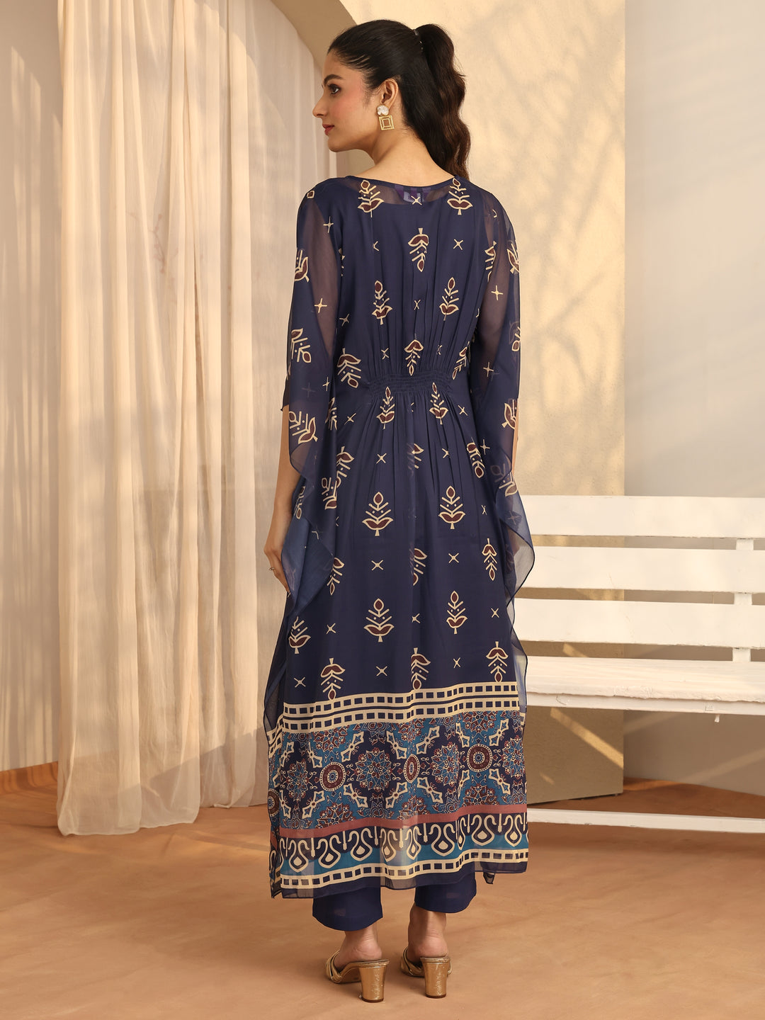  Navy blue Printed Chiffon A-Line Kurta Set 