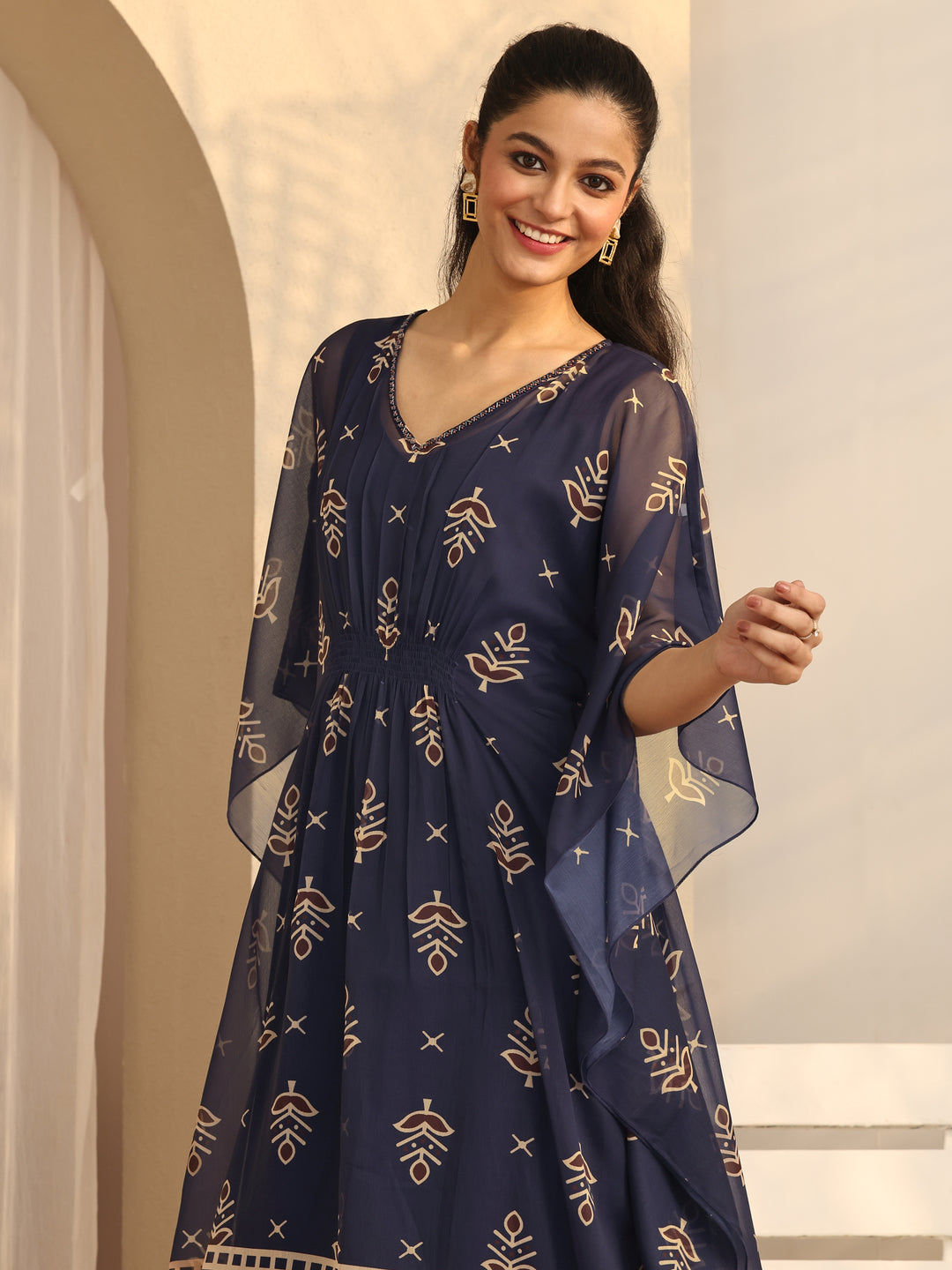  Navy blue Printed Chiffon A-Line Kurta Set 