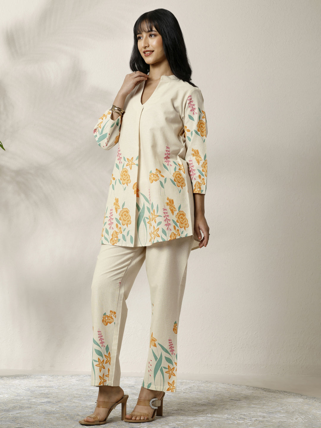  Off White Printed Cotton Blend Co-Ord Set 