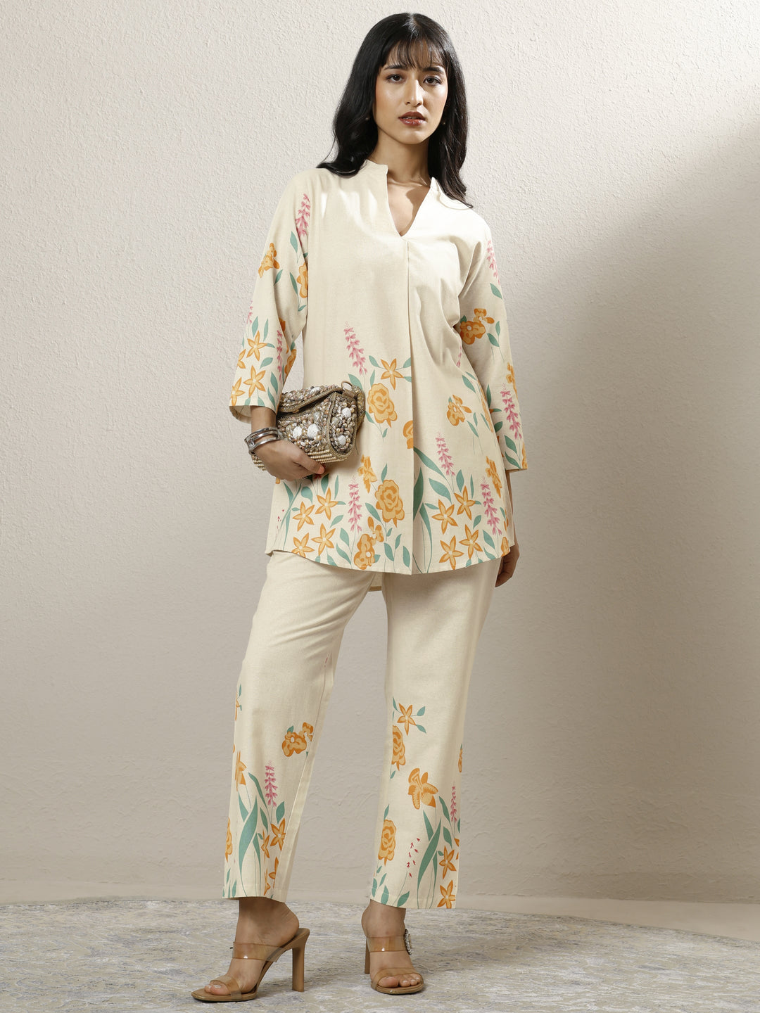  Off White Printed Cotton Blend Co-Ord Set 