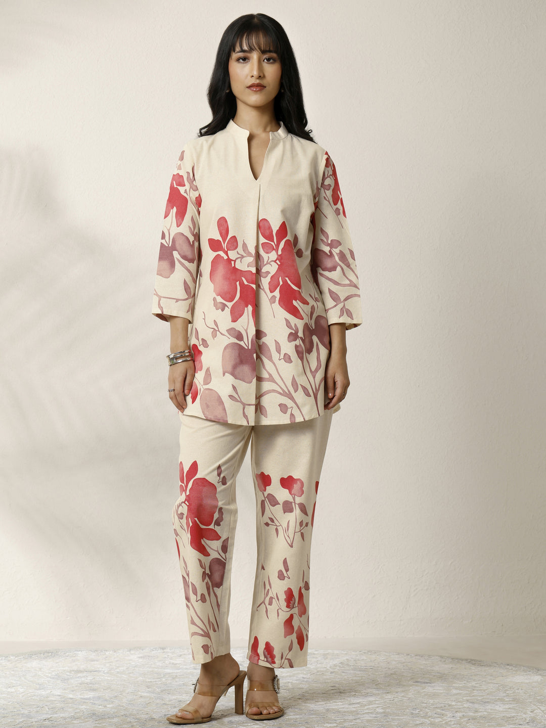  Off White Printed Cotton Blend Co-Ord Set 