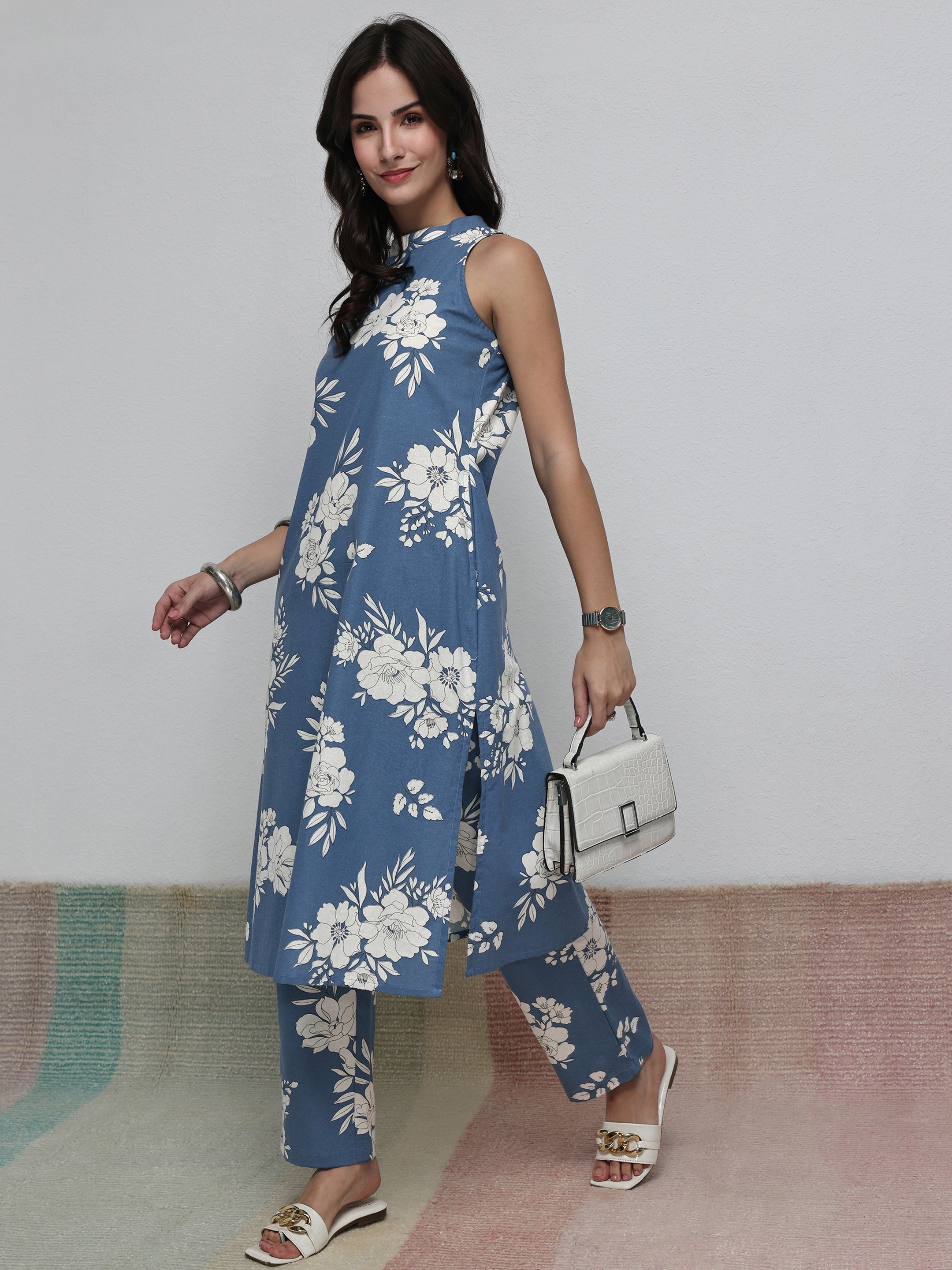 libas Blue Floral Printed Cotton Blend Co-Ord Set-picture-53