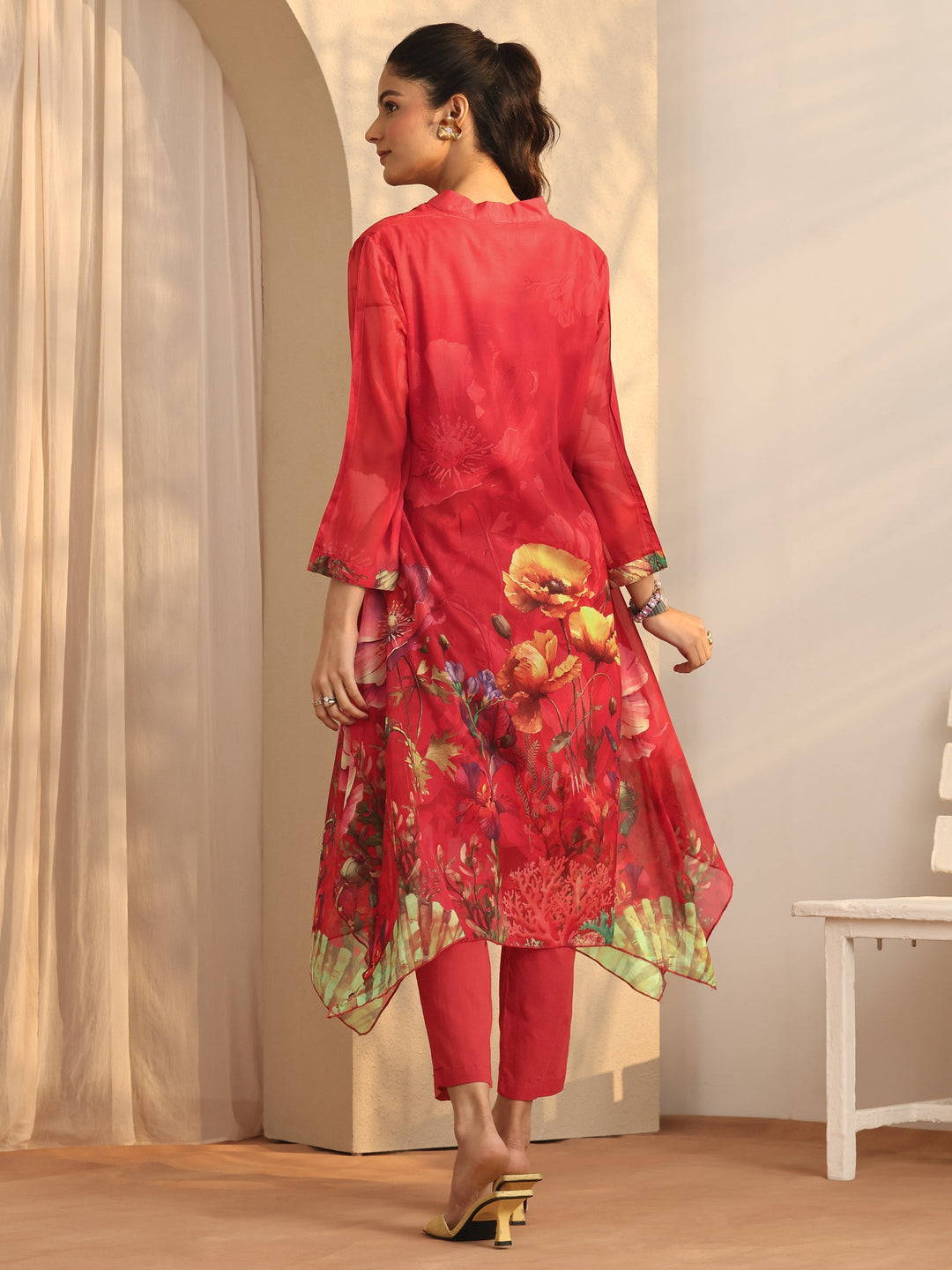  Red Printed Chiffon A-Line Kurta Set 