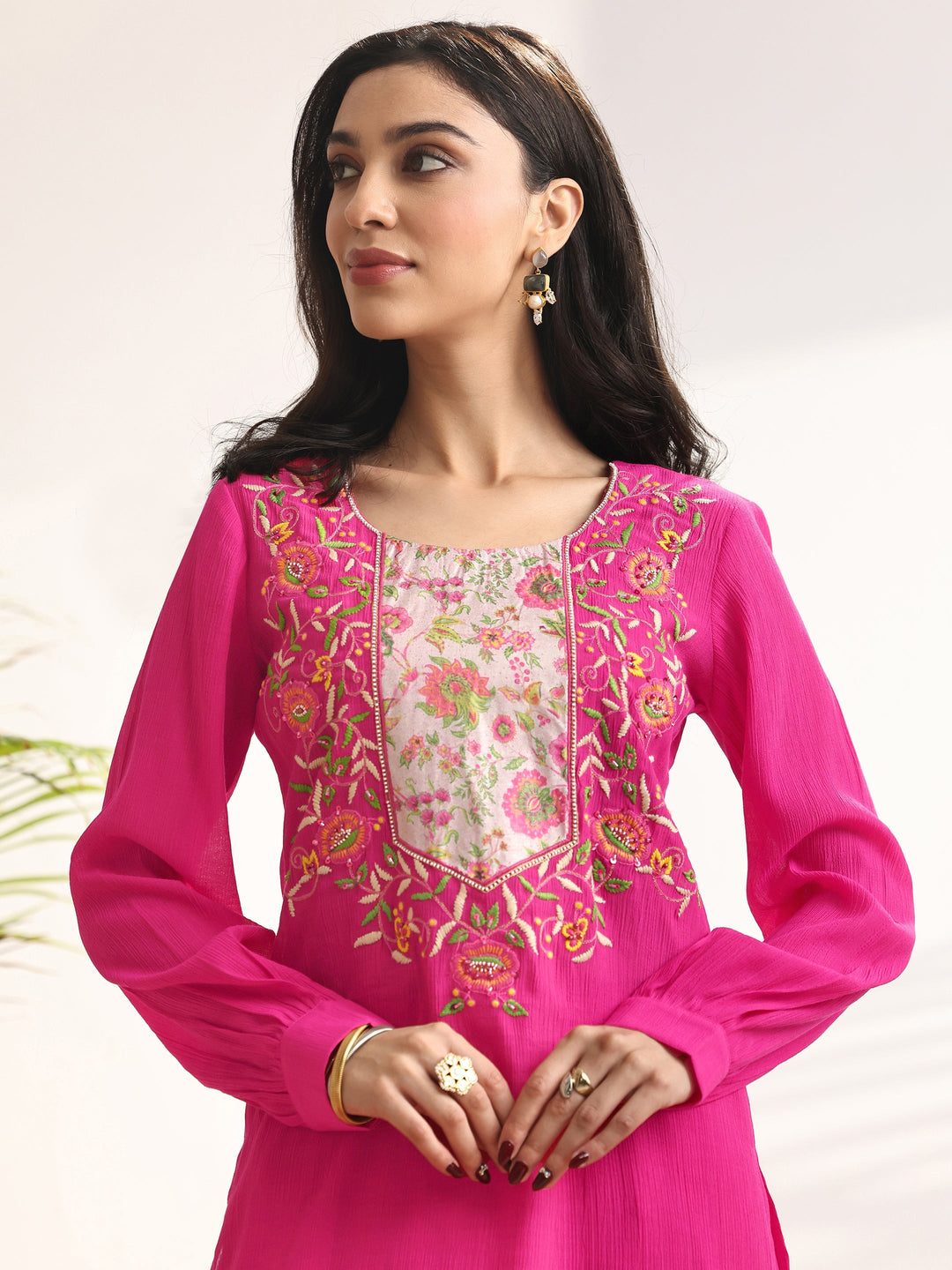  Pink Embroidered cotton blend Straight Suit Set With Dupatta 